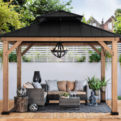 Sunjoy Outdoor Patio 11x11 Black 2-Tier Wooden Frame Backyard Hardtop Gazebo with Ceiling Hook