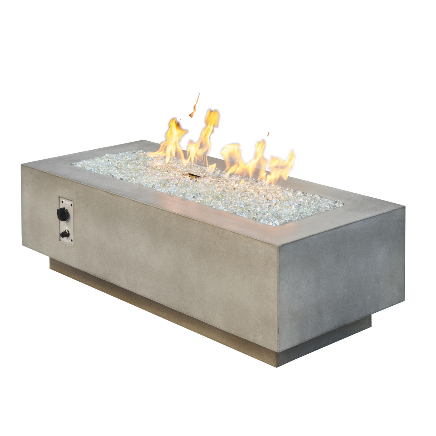 "Enhance your outdoor space with the Cove 54" Linear Gas Fire Pit Table. Propane and natural gas operation. Supercast™ concrete top in White, Midnight Mist, or Natural Grey. Unique color variations and casual pitting add character. Create a warm and inviting ambiance for relaxation and memorable moments."