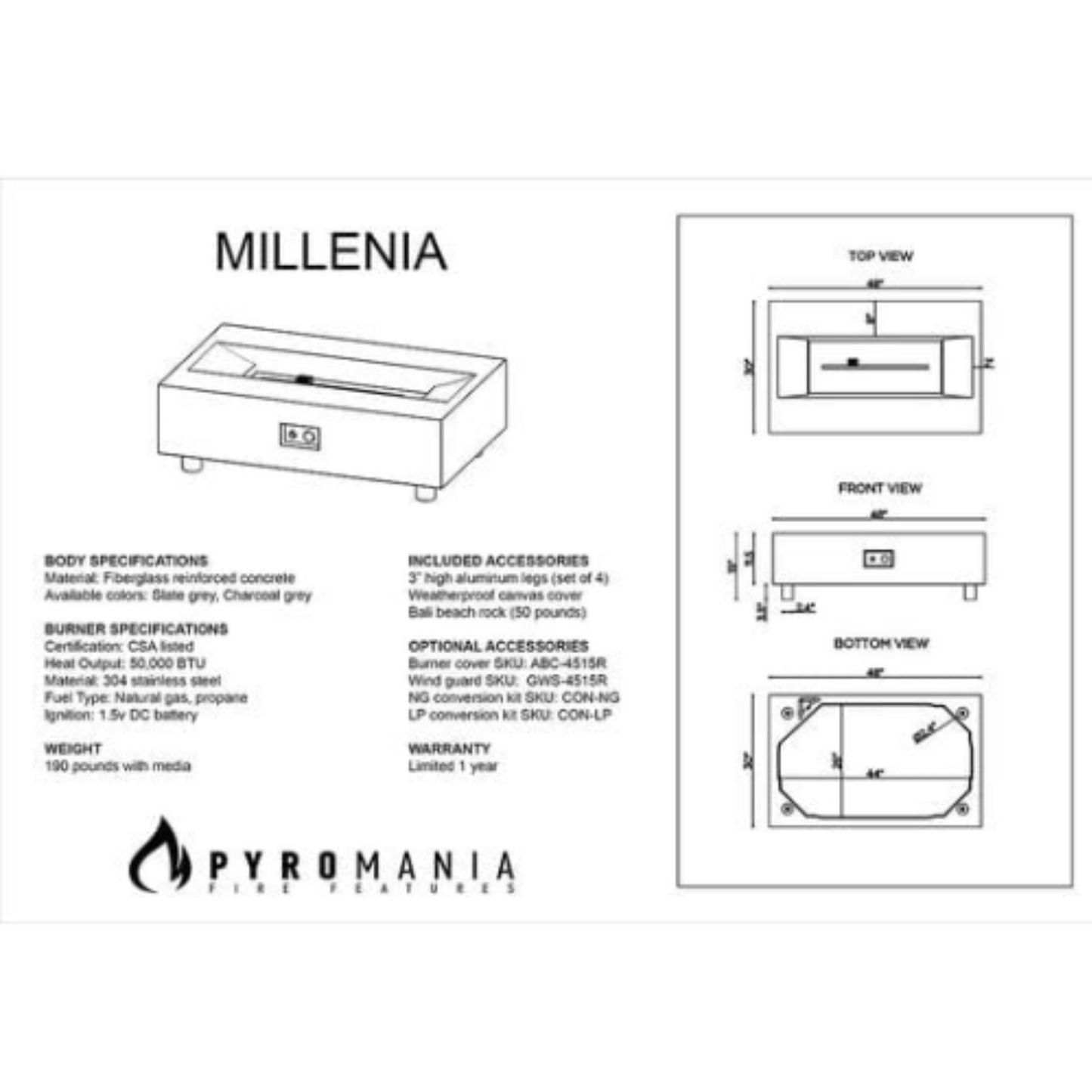 MILLENIA - Fire Table - More Colors