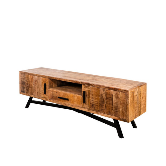 57" Mango Wood TV Cabinet is a durable, industrial modern look, shelf and  large size functional TV cabinet.