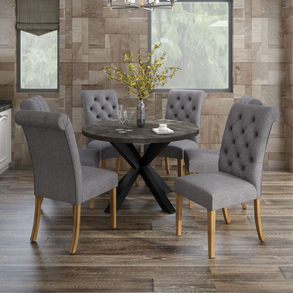 Give your dining room the centrepiece it deserves with this unique Dining Set. Detailed with a Solid Wood Dark Grey Table and Grey Chair finish, this is a perfect addition to any home.