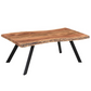 This rustic industrial style coffee table features a natural burnt finish and a plank design on the top. The rustic coffee table has a 48 inch top and is made of 100% solid acacia wood. 