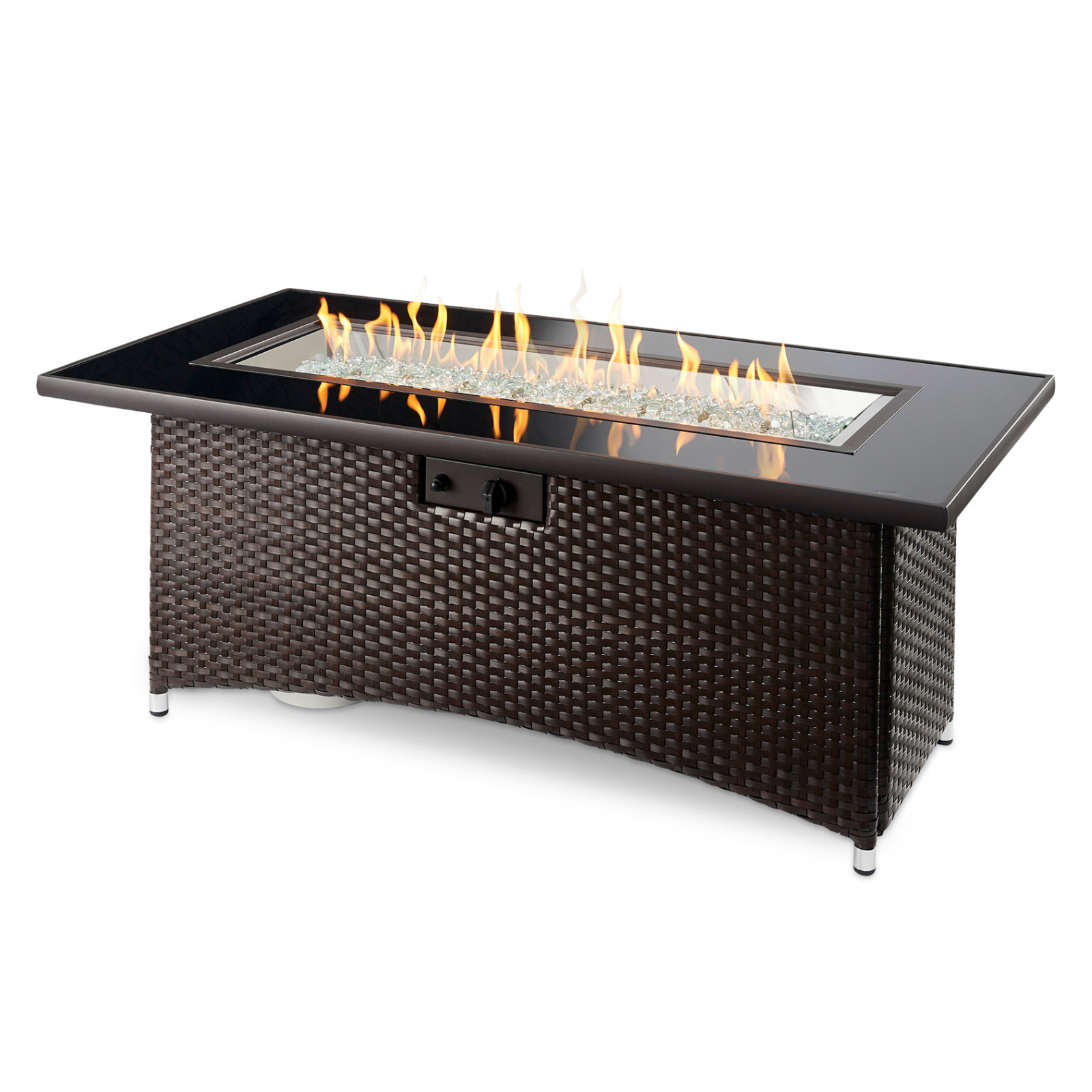 Enhance your patio with the Montego Gas Fire Pit Table. Its sleek design features a 12” x 42” Crystal Fire® Plus Burner, mesmerizing flames, and a black glass top. The durable wicker base adds style and is built to withstand outdoor conditions. Compatible with propane and natural gas, it's perfect for outdoor gatherings.