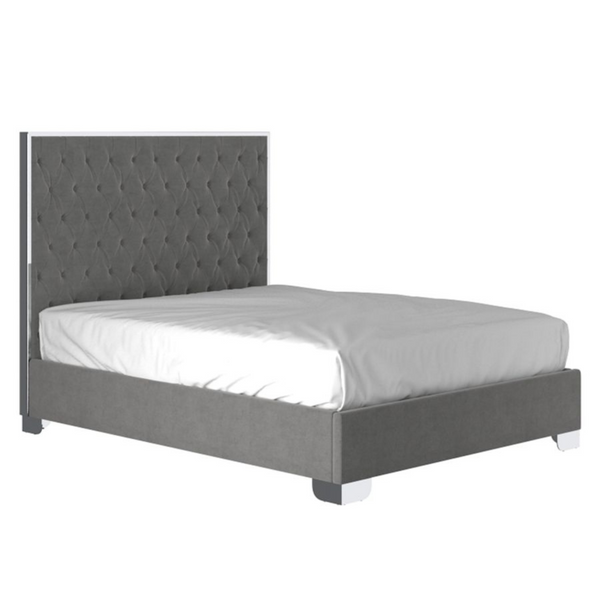 The bed frame with tall panel is made of velvet upholstered and metal. The bed frame comes 3 horizontal wood slats with support legs.