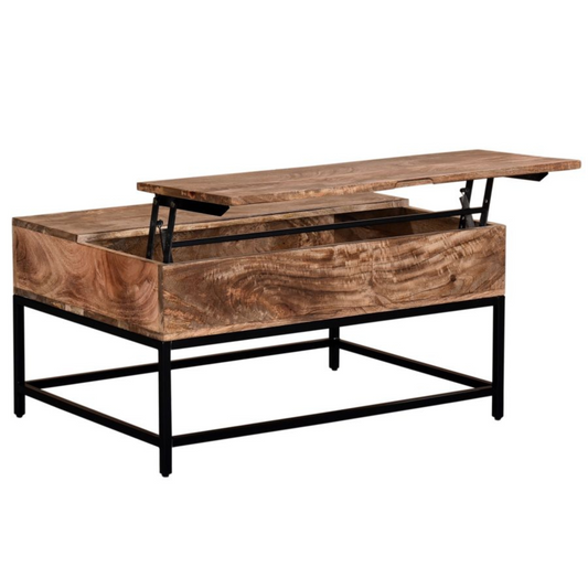 This Lift-Top coffee table features a natural burnt finish and is made of solid Mango wood. The modern rustic coffee table has a 6.6 sqft top and have a black powder-coated wrought iron frame.