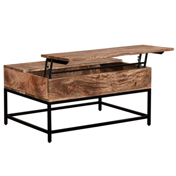 This Lift-Top coffee table features a natural burnt finish and is made of solid Mango wood. The modern rustic coffee table has a 6.6 sqft top and have a black powder-coated wrought iron frame.