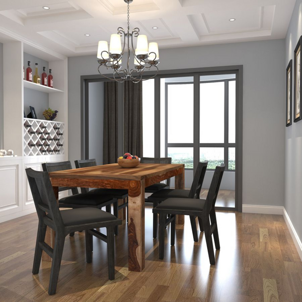 The elegant, modern rustic dining table is crafted of genuine sheesham wood. The natural Dark grey and Charcoal colors of the dining chairs make it perfect for any setting. The farmhouse style also works well with any décor.