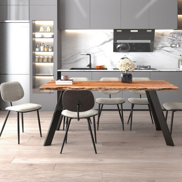 Give your dining room the centrepiece it deserves with this unique Dining Set. Detailed with a Natural Burnt Table and Light Grey Chair finish, this is a perfect addition to any home.