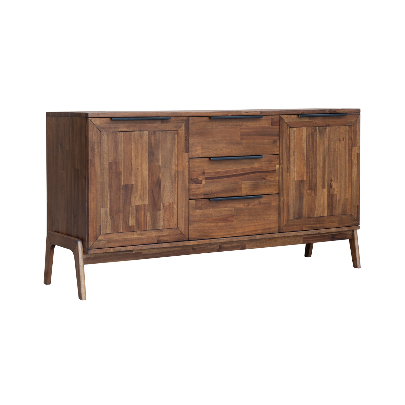 "Discover the REMIX SIDEBOARD: style meets storage. Handcrafted from acacia wood, its design exudes a mid-century aesthetic. It offers ample storage and stability with its wooden legs. Embrace its practicality and retro charm. Upgrade your space with this piece."