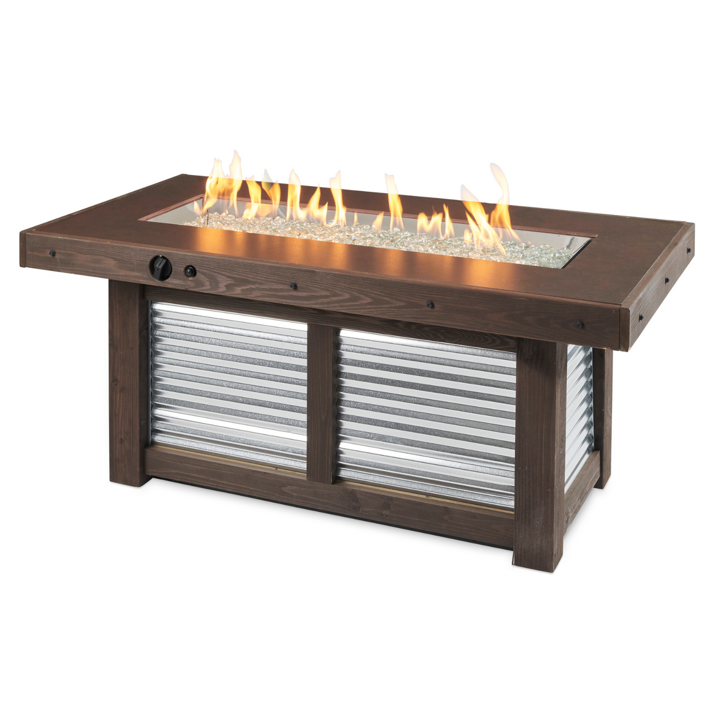 "Create cherished memories with the Denali Brew Gas Fire Pit Table. Propane and natural gas compatible. Everblend™ concrete top, corrugated metal base, and mocha-stained wood enclosure for a stunning aesthetic. Built-in bottle opener for convenience during outdoor gatherings."