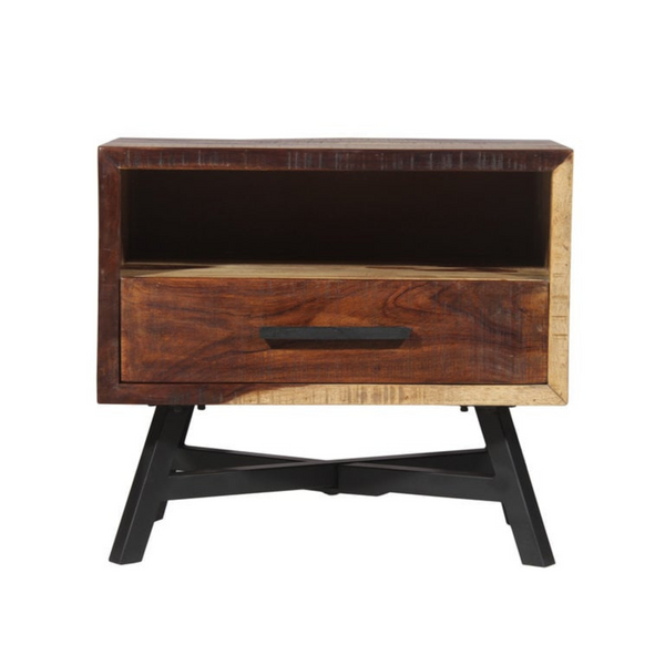  Place your bedside items on this Natural brown wooden nightstand. Add functionality to your bedroom with a sheesham side table that has 1 drawer and 1 open shelf.