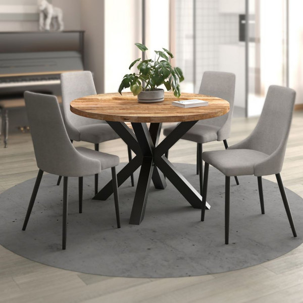 Give your dining room the centrepiece it deserves with this unique Dining Set. Detailed with a Natural Burnt Table and Grey Chair finish, this is a perfect addition to any home.