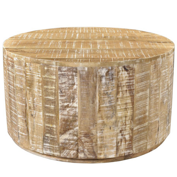 The EVA coffee table features a distressed finishing that enhances the fine grain of the solid mango wood. The rustic coffee table has a 33 inch diameter and is made of 100% solid mango wood. 