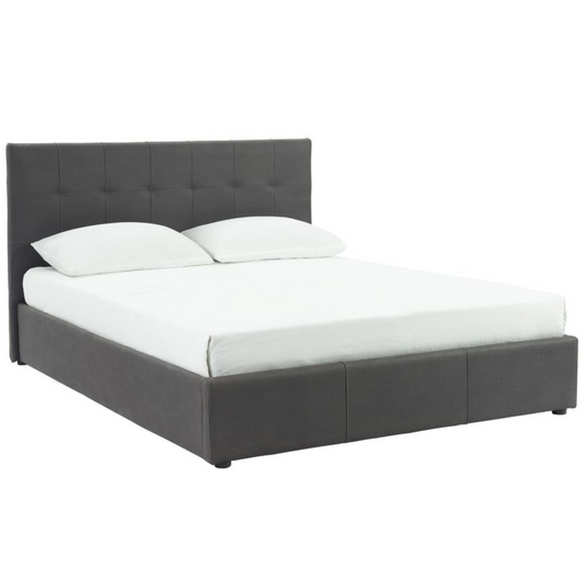 The EXTARA bed platform with Easy-lift hydraulic bed offers plenty of storage space. The bed frame comes with a square tufted headboard with stitching detail and fully upholstered in a textured, grey faux nubuck.