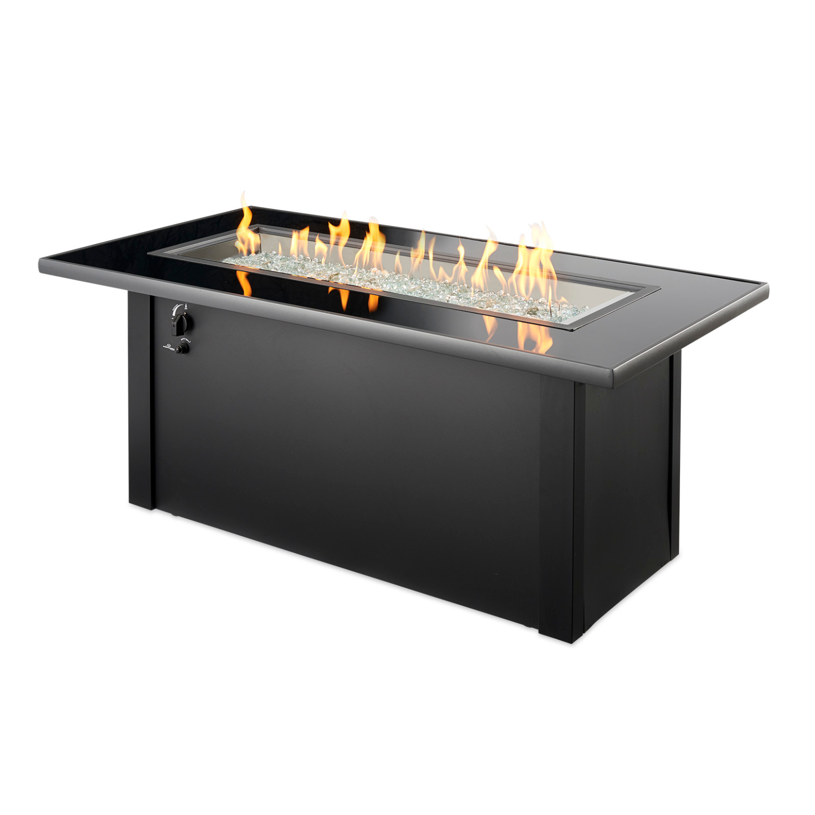 Elevate your outdoor space with the Monte Carlo Linear Gas Fire Pit Table. It features a black glass top, a durable metal base, and a 12x42" Stainless Steel Crystal Fire® Burner. Compatible with propane and natural gas, it includes an access door and a grey glass burner cover for versatility.