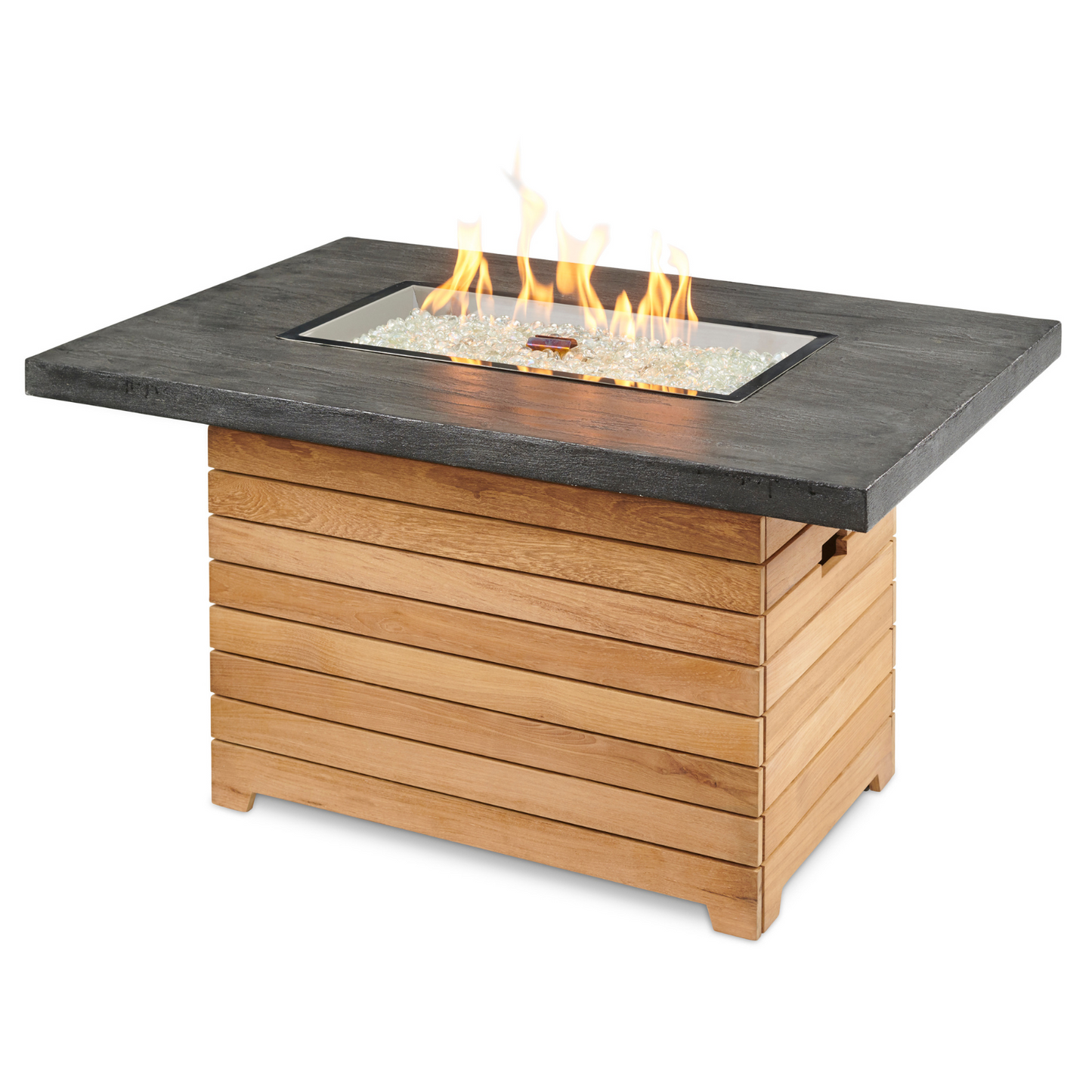 "Experience the durable sophistication of the Darien Gas Fire Pit Table. Crafted from Grade-A teak wood with an Everblend™ concrete top. Compatible with propane and natural gas, it provides warmth and ambiance for your outdoor space."