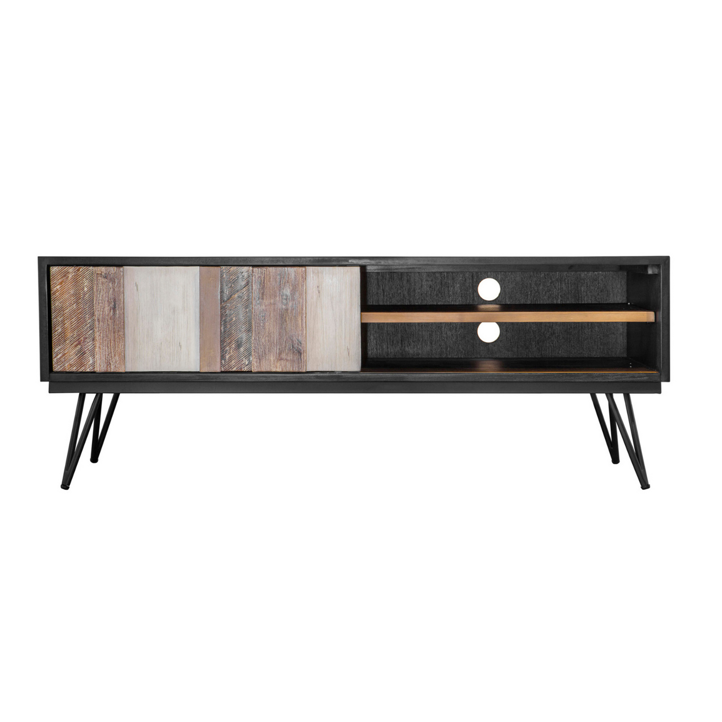 Introducing the Metro Noir Havana Media Unit. Crafted from robust acacia wood with sturdy iron legs. Modern farmhouse aesthetic with unique wood grain. Ample storage space. Enhance your entertainment experience with enduring elegance.