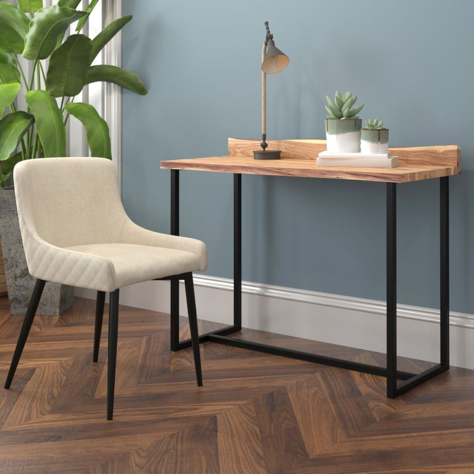 The solid acacia wood desk is a beautiful and functional piece of furniture. It can be used as a kitchen desk, office desk, or console table in any room of your home.