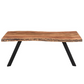 This rustic industrial style coffee table features a natural burnt finish and a plank design on the top. The rustic coffee table has a 48 inch top and is made of 100% solid acacia wood. 