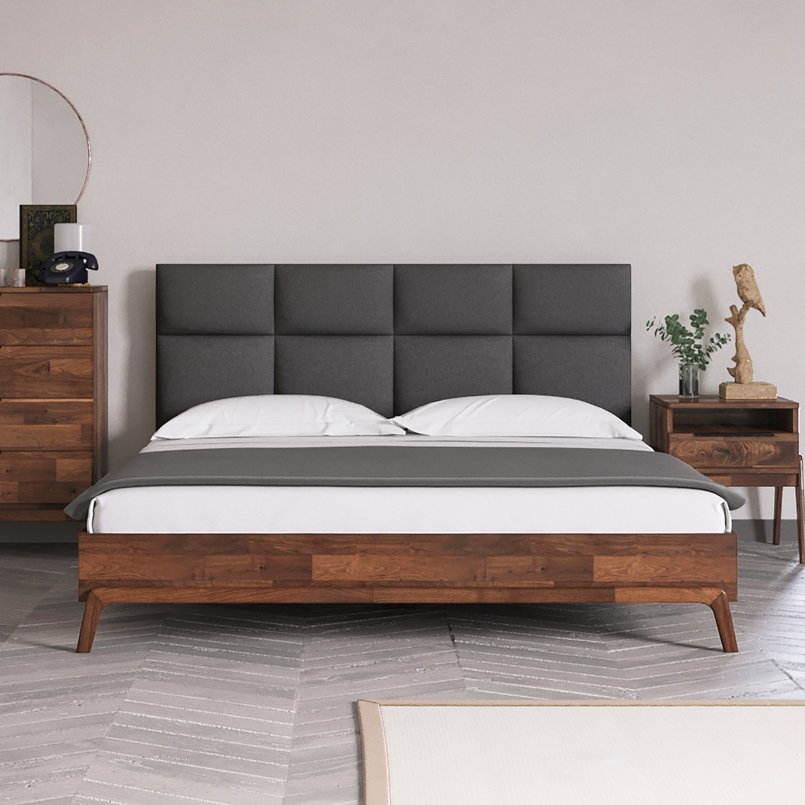 Experience comfort and style with the REMIX BED. Handcrafted from solid acacia wood. Radiates warmth and balance. 100% polyester upholstery and panel headboard. Retro and Scandinavian influences with a mid-century feel. Create a tranquil retreat in your bedroom.