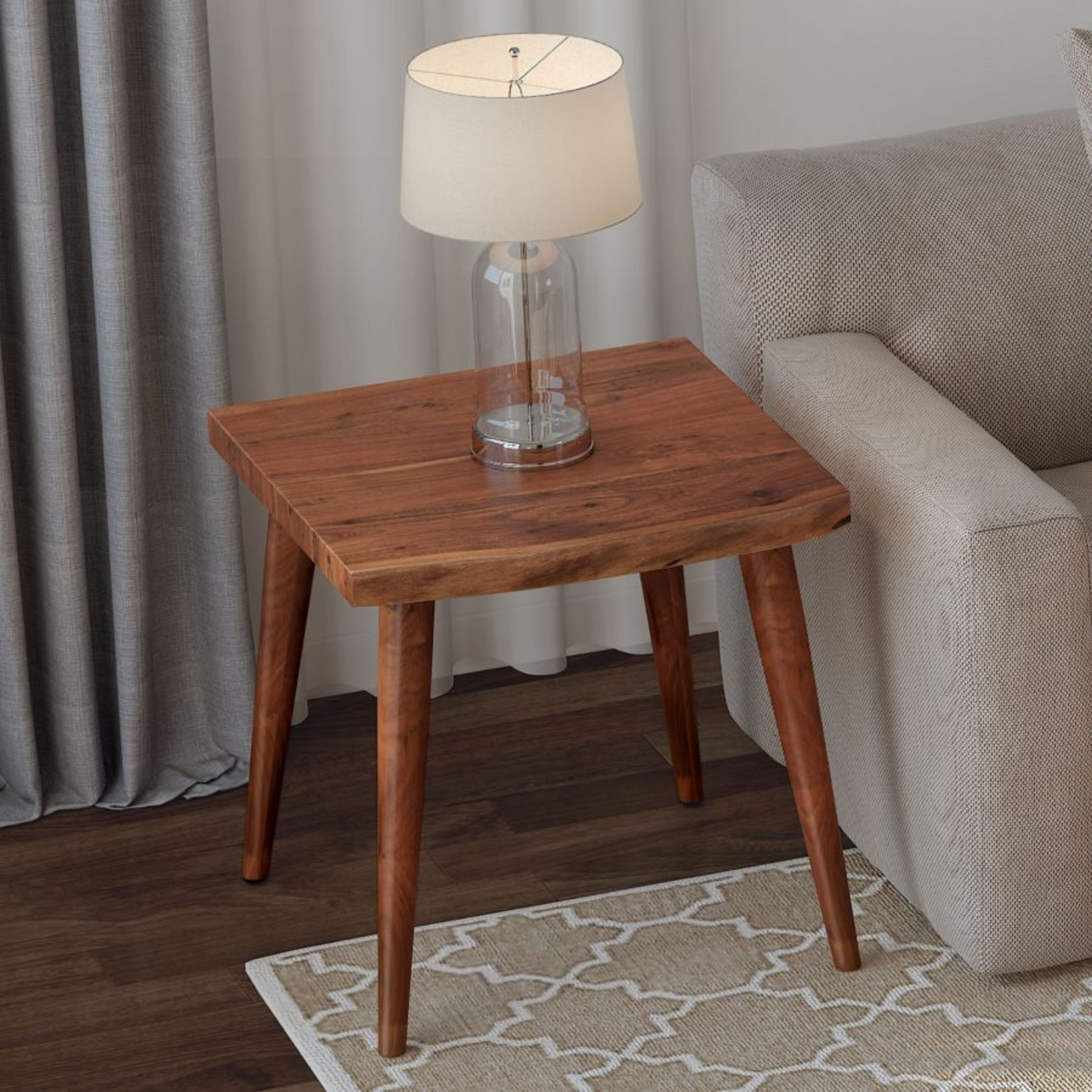 This ARNAV Solid Acacia wood accent table features a walnut finish and solid wood A-line legs . The modern rustic accent table has a 22" x 22" live edge top and is designed for limited spaces and to be use in any room.