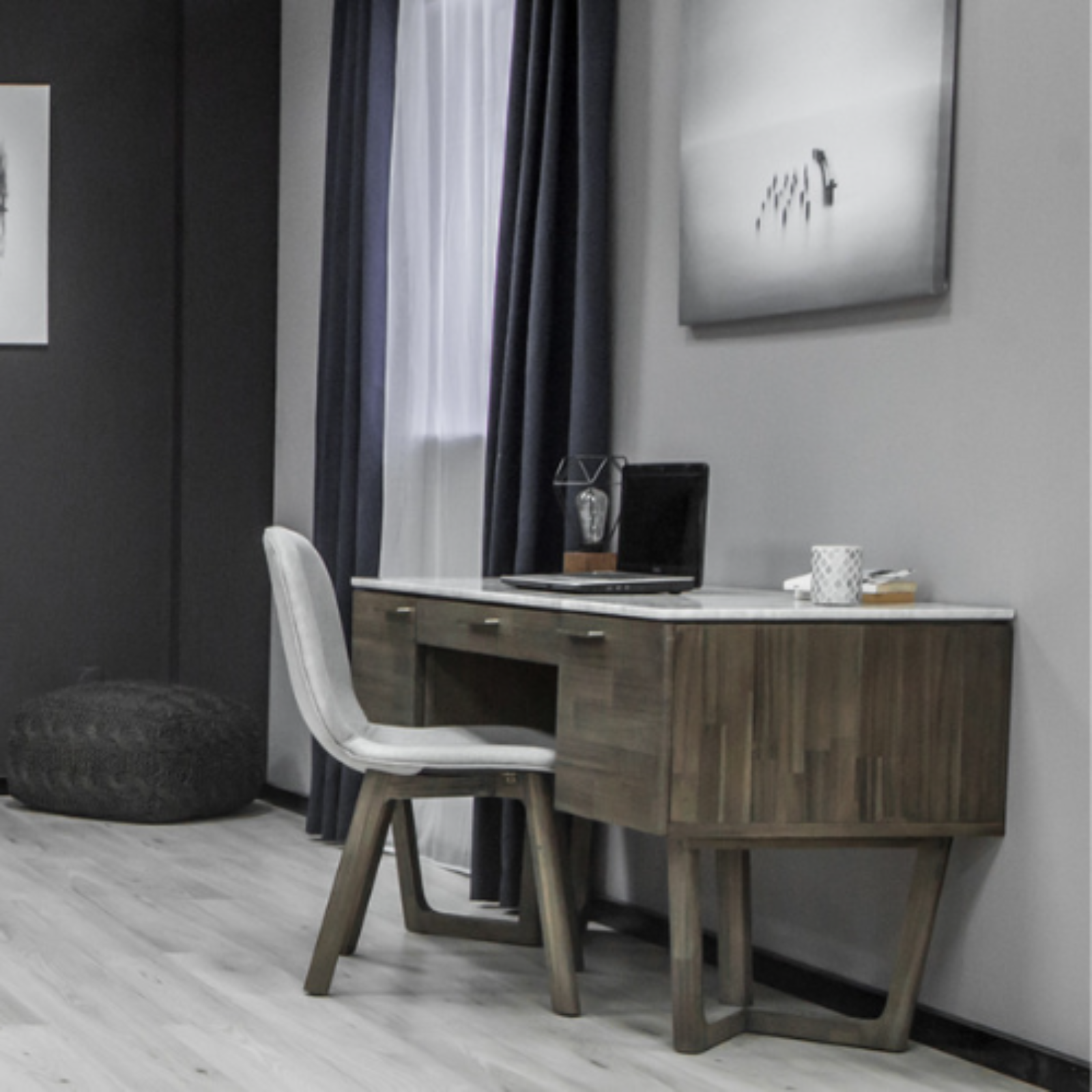 "Welcome the Aura Office Desk into your workspace - a beacon of modern design and practicality. Crafted from solid acacia wood with a Dark Greige Brushed and Brass finish. Italian Carrara Marble top, sturdy acacia frame, and distinctive V-shaped base. Generous display surface for showcasing essentials."