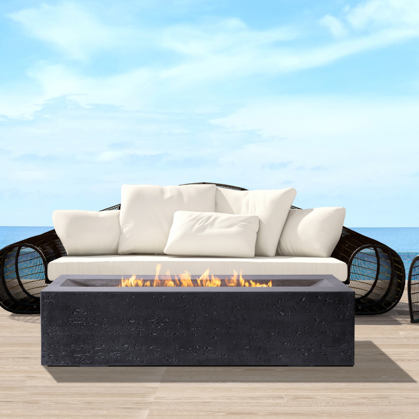 Millenia fire table is an absolute showstopper. The sleek, concrete base make this table an elegant edition to your deck space.