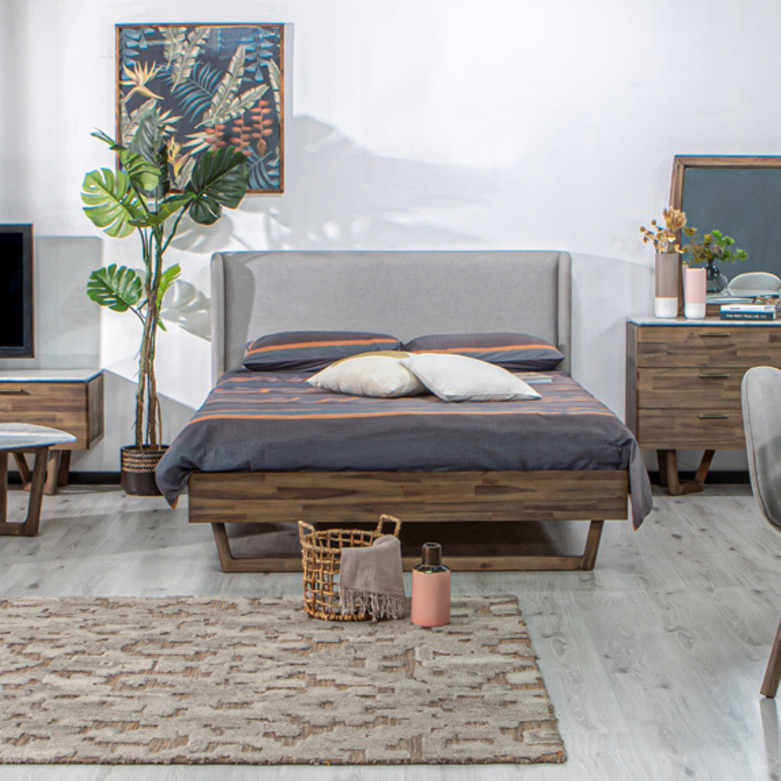 Create your bedroom oasis with the AURA King and Queen Modern platform bed. Solid acacia wood construction for warmth and balance. Large panel headboard for relaxation and reading. Unique V-shaped base ensures a restful sleep. Sink into the Aura Bed and drift away.