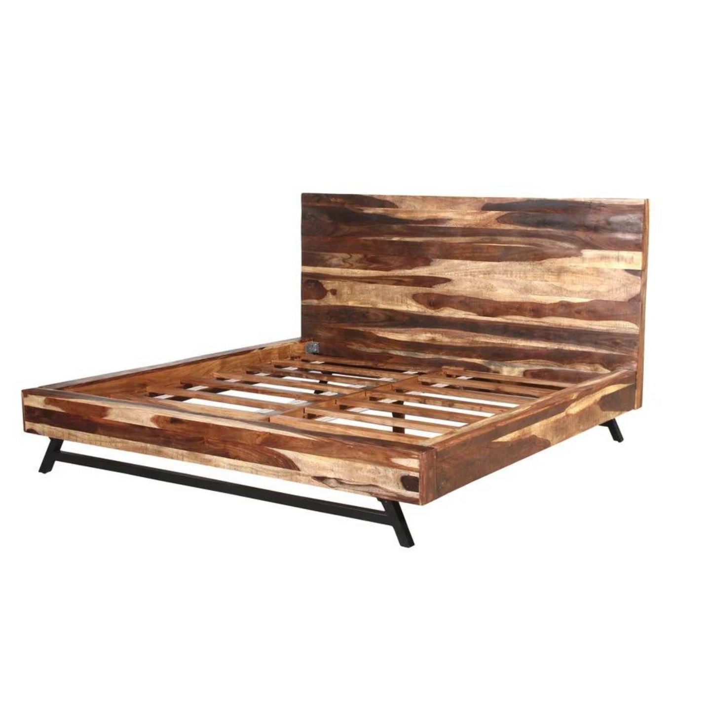 The bed frame with tall panel is made of sheesham wood. The bed frame comes with sturdy black metal legs.