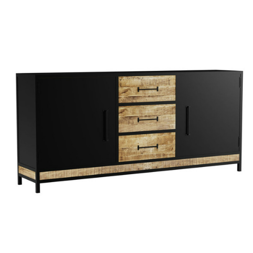 This 63" Rustic Industrial Sideboard made from solid Mango wood and Black Metal. This sideboard features 2 large door, 3 drawers and a large display surface.